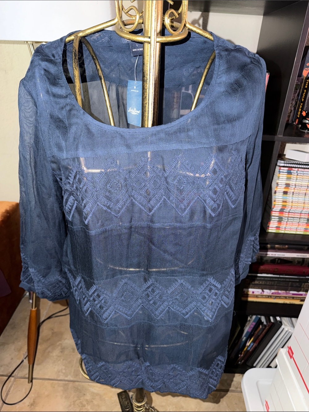 Lucky Brand Navy Blue Sheer Embroidered Women's Blouse